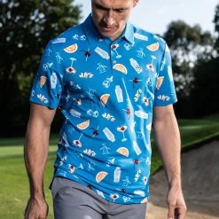 Original Penguin Golf Shirt - Cocktail Motif Polo - Med. Blue AW23 -Fashion Golf original penguin lifestyle shot 0016 layer 10
